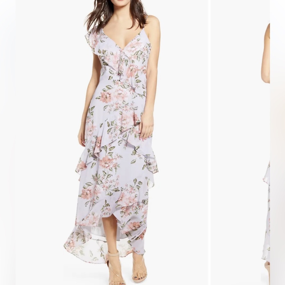 WAYF Morgana Floral Tiered Ruffle Asymmetrical Sleeve Maxi Dress size XS